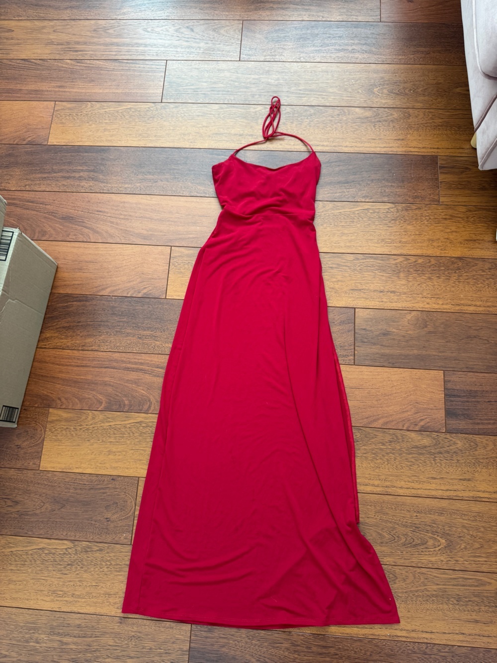 Lucy in the Sky Red Halter Maxi Dress Size Small Open Back High Slit